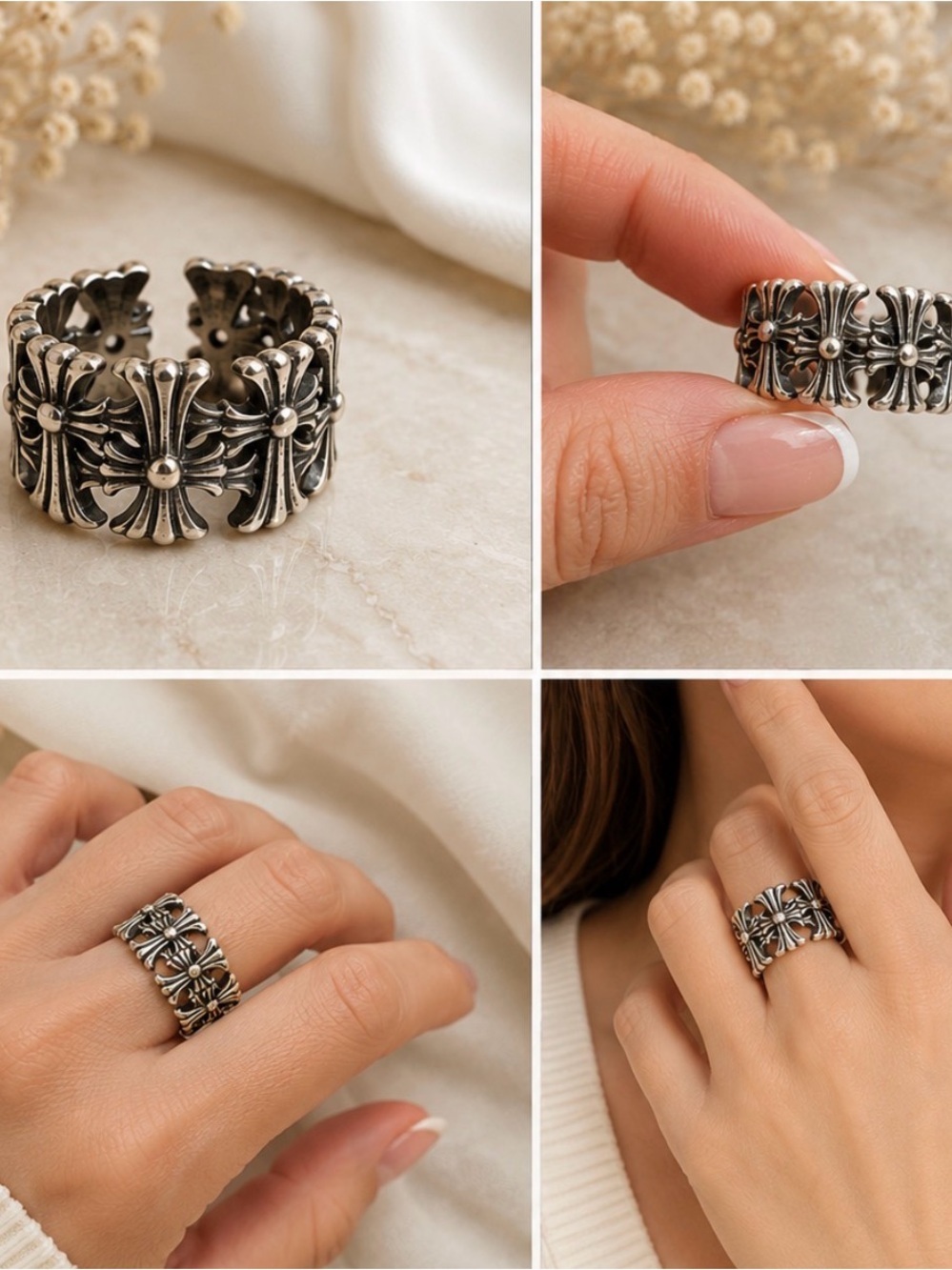Sterling-Style Black Oxidized Floral Cross Ring